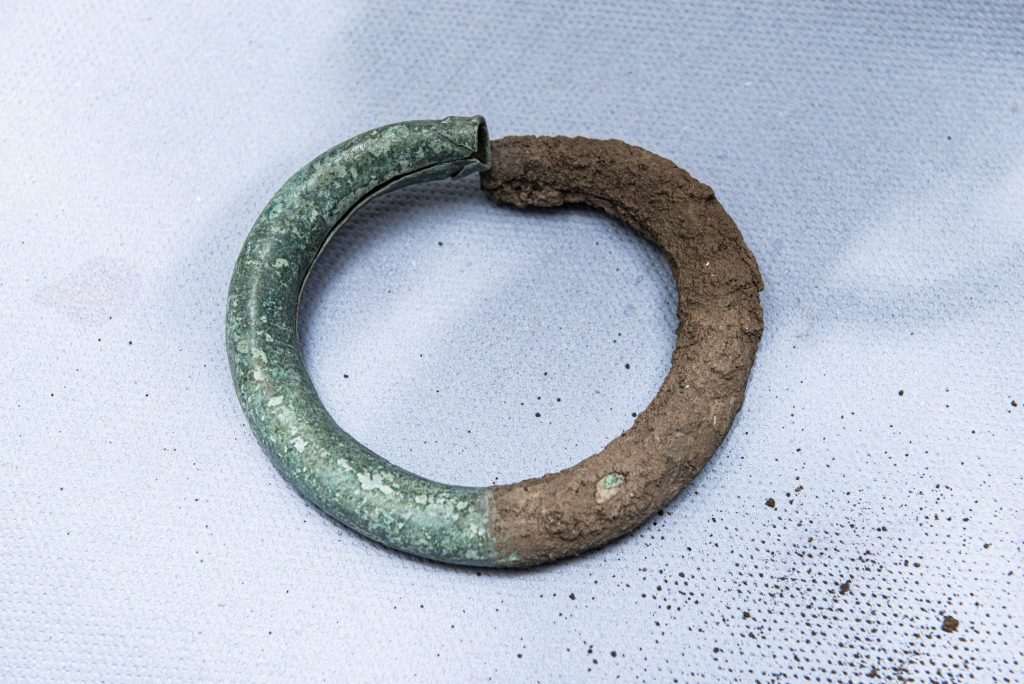 Ein halb restaurierter Ring, link grünlich, rechts noch erdverkrustet.