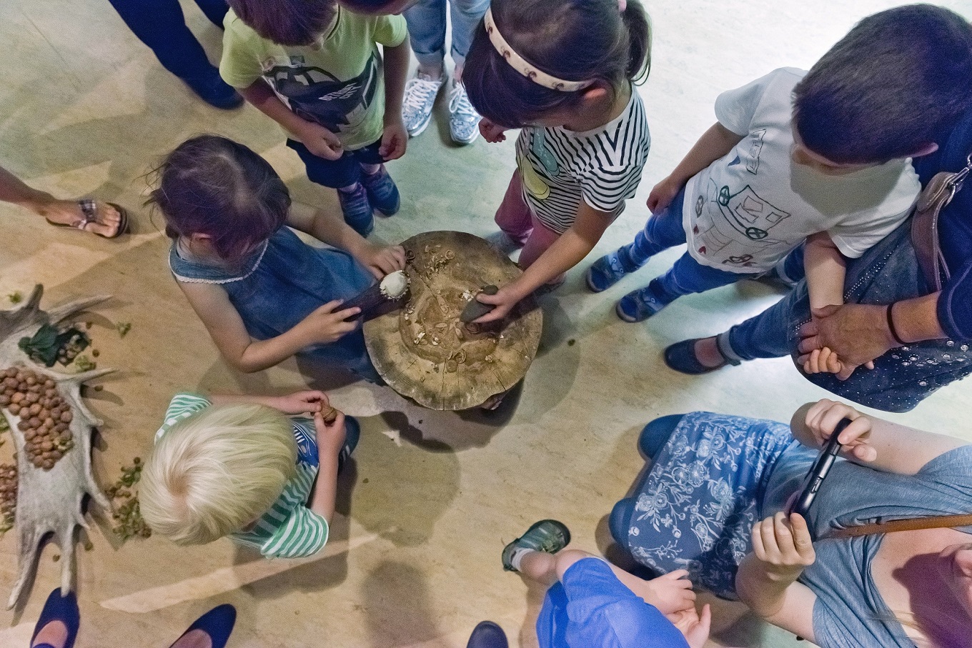 Mehrere Kinder stehen im Kreis zusammen und versuchen auf einem Holzplock mit Steinen Nüsse wie die Steinzeitmenschen zu knacken.
